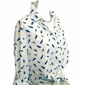 Amanda Blu White Blue Feather Button Up Blouse NWT sz L